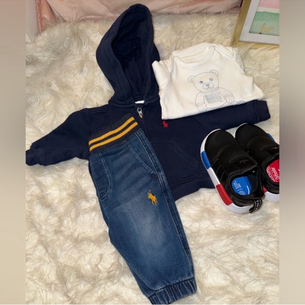RALPH LAUREN POLO Bundle: Blue jeans, White & light blue onesie shirt& jacket.